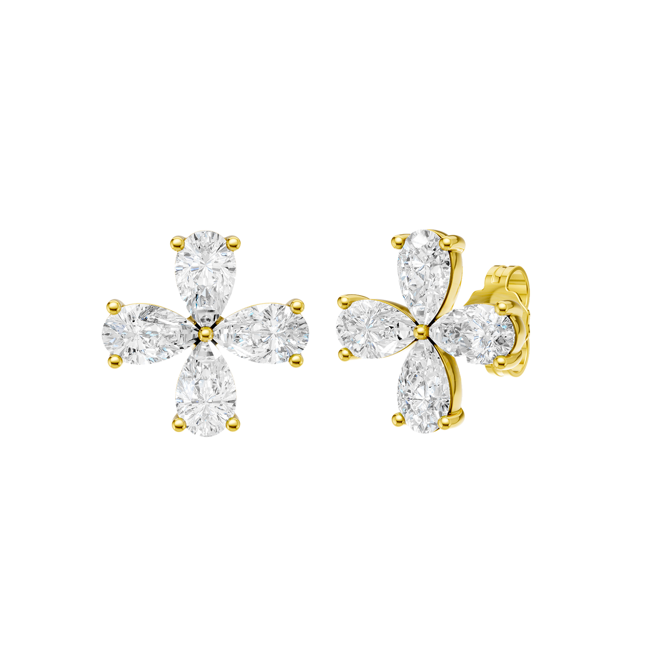 A front-facing product shot of a pair of yellow gold or platinum flower stud earrings.
