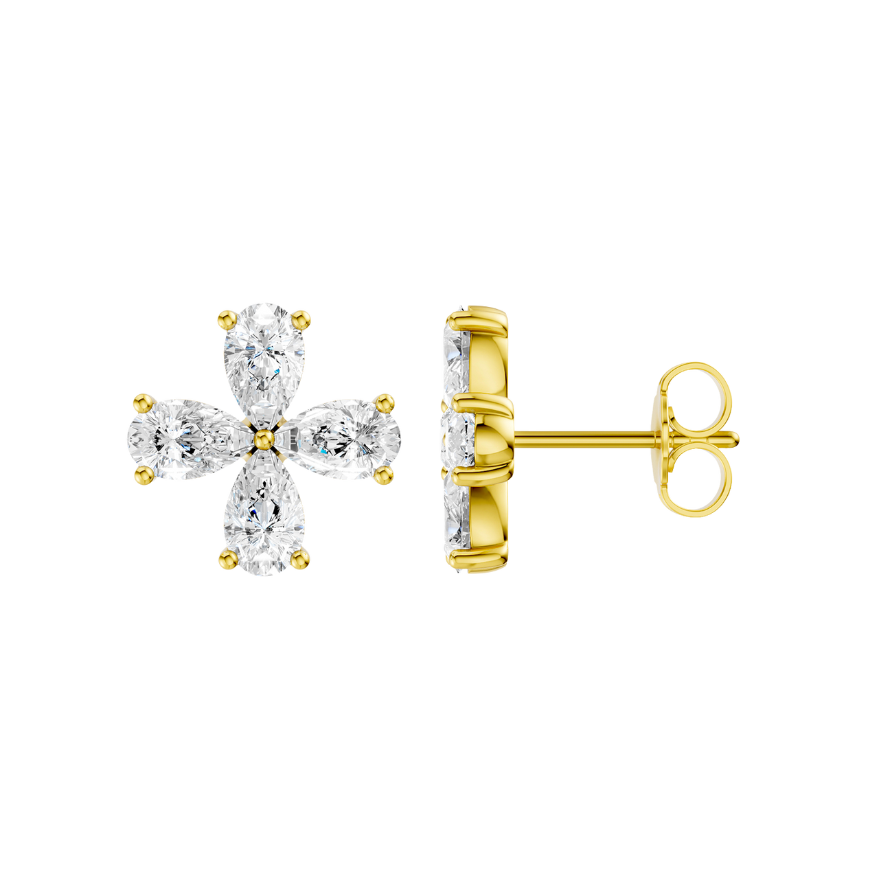 Front and side view of a yellow gold flower stud earring featuring four pear-cut diamonds.