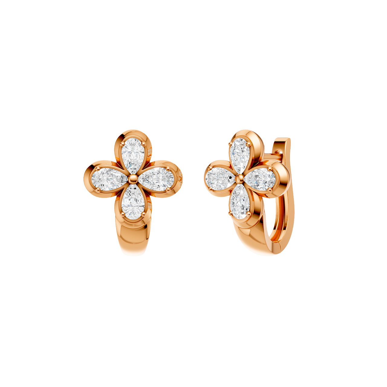 Angled view of rose gold floral diamond huggie earrings highlighting the dimensional flower motif, diamond sparkle, and polished metal finish.