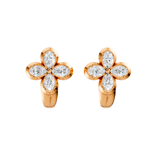 Front view of rose gold floral diamond huggie earrings featuring marquise-cut white diamonds arranged in a four-petal flower design with a sleek huggie silhouette.