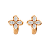 Front view of rose gold floral diamond huggie earrings featuring marquise-cut white diamonds arranged in a four-petal flower design with a sleek huggie silhouette.