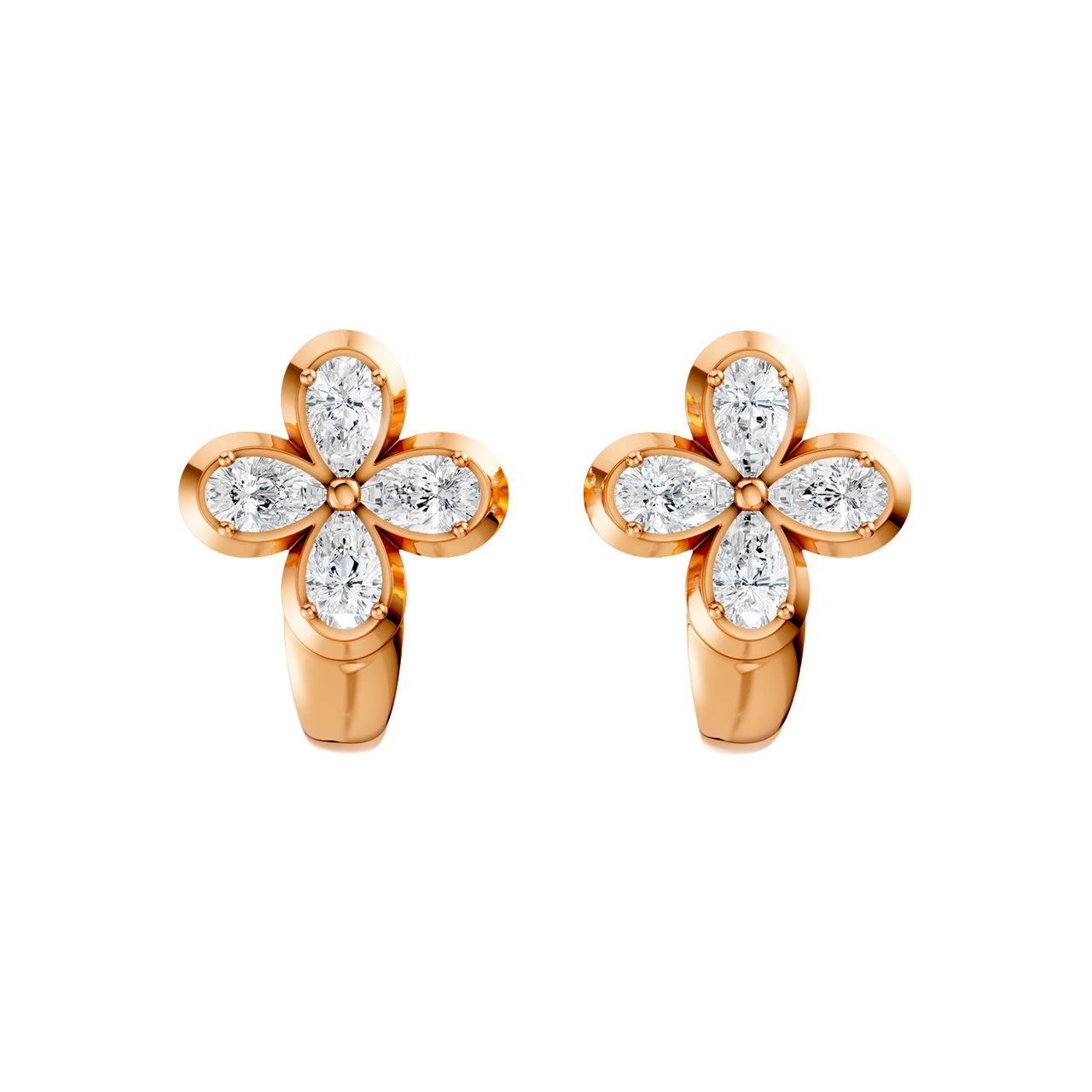 Front view of rose gold floral diamond huggie earrings featuring marquise-cut white diamonds arranged in a four-petal flower design with a sleek huggie silhouette.