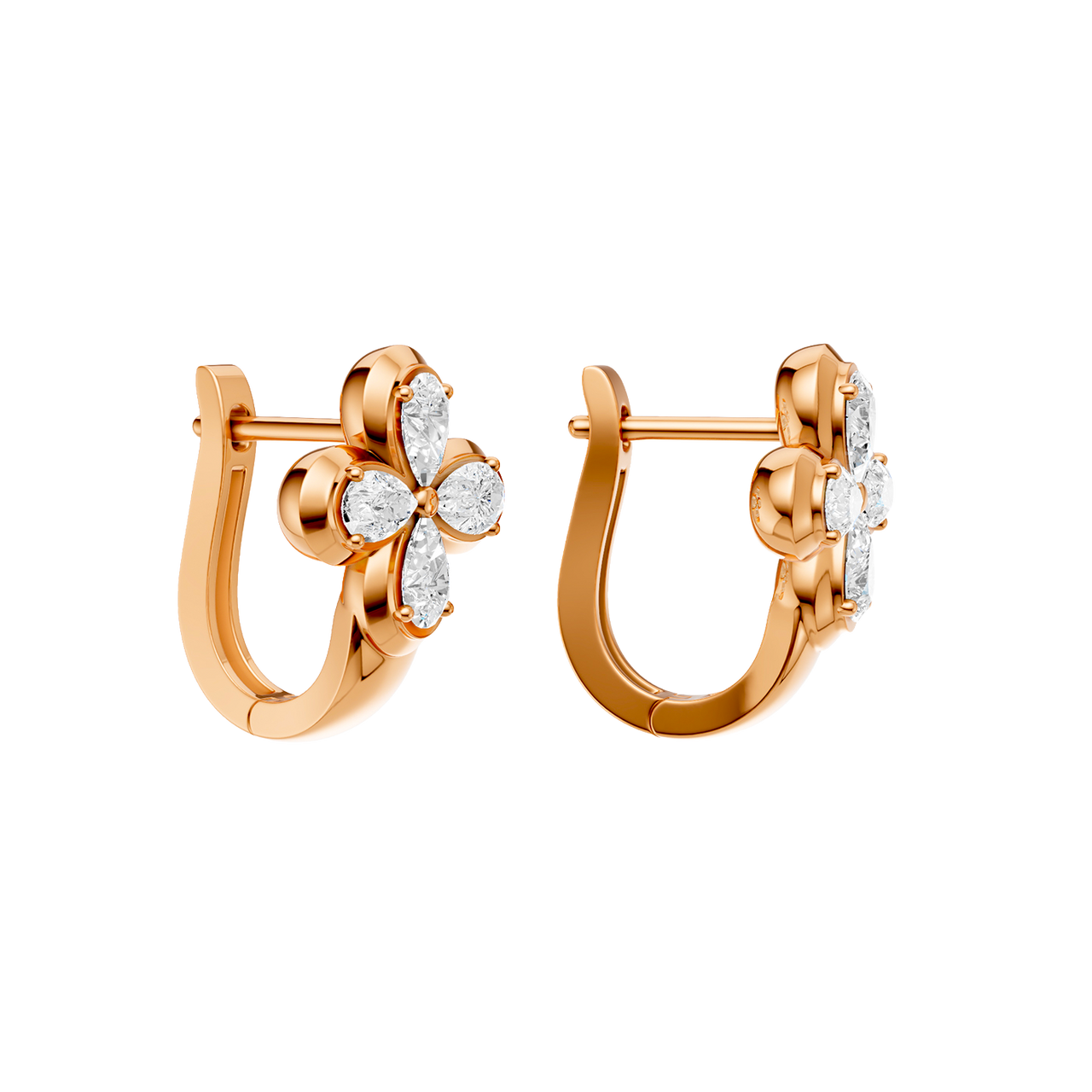 Back view of rose gold floral diamond huggie earrings displaying the smooth polished metal, hinge mechanism, and clean construction.