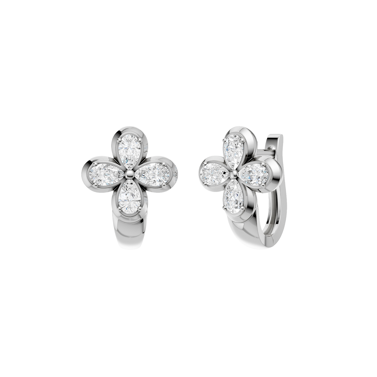 Angled view of white gold floral diamond huggie earrings highlighting the dimensional flower motif, diamond sparkle, and polished metal finish.