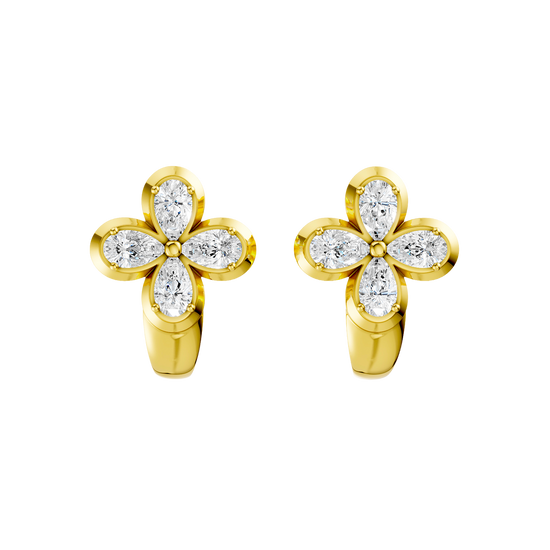 Front view of yellow gold floral diamond huggie earrings featuring marquise-cut white diamonds arranged in a four-petal flower design with a polished gold huggie base.