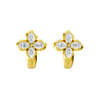 Front view of yellow gold floral diamond huggie earrings featuring marquise-cut white diamonds arranged in a four-petal flower design with a polished gold huggie base.