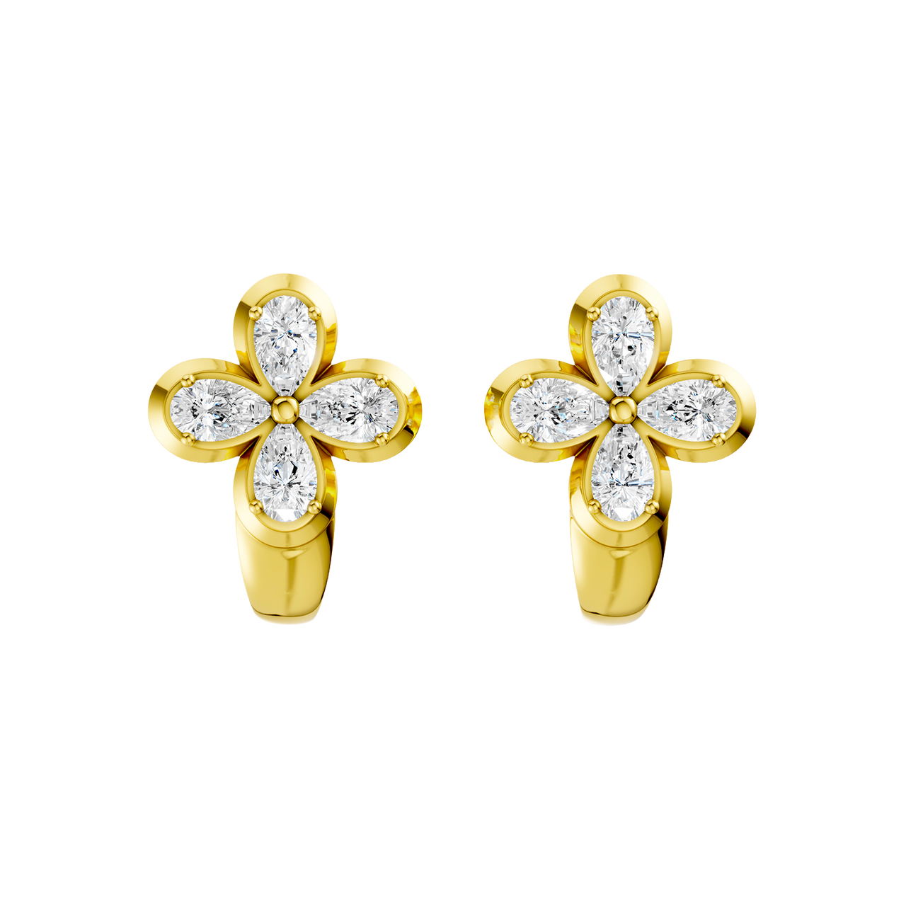Front view of yellow gold floral diamond huggie earrings featuring marquise-cut white diamonds arranged in a four-petal flower design with a polished gold huggie base.