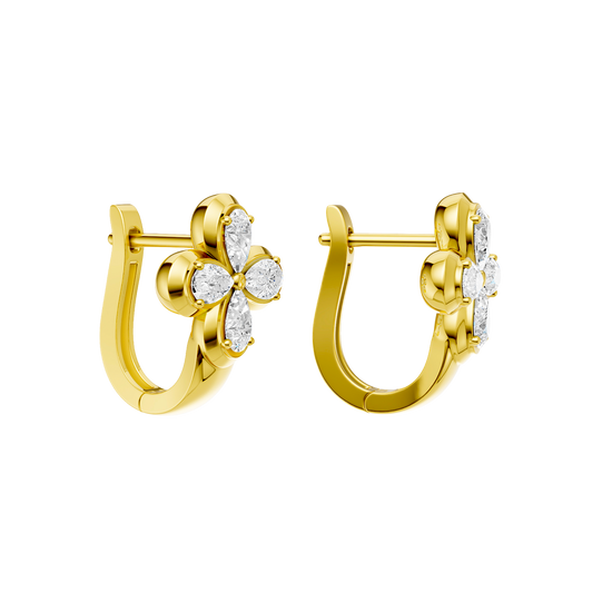 Back view of yellow gold floral diamond huggie earrings displaying polished gold metal, hinge detail, and clean structural design.