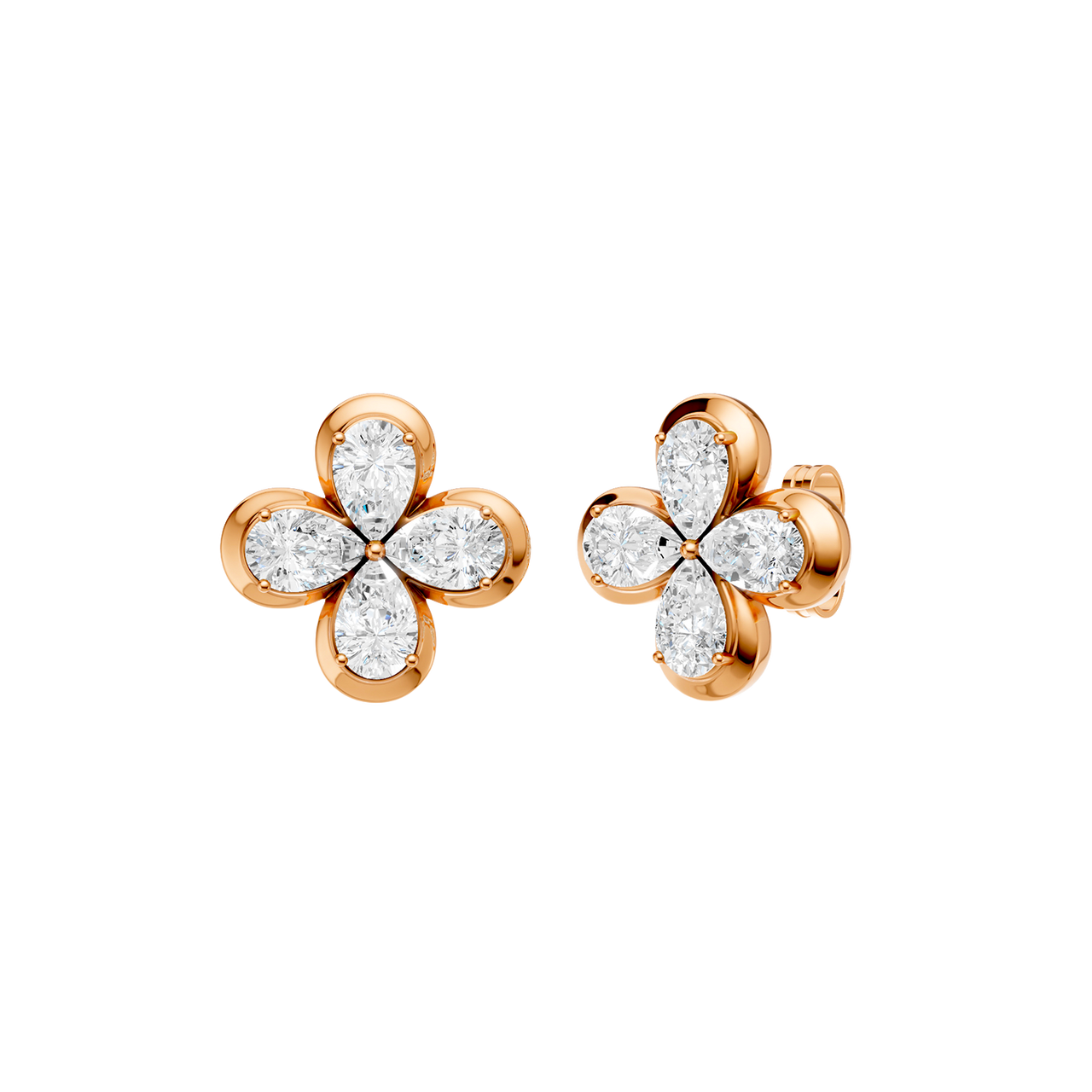 Angled view of rose gold floral diamond stud earrings highlighting the dimensional flower motif, marquise-cut diamond sparkle, and polished metal finish.