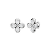 Angled view of white gold floral diamond stud earrings highlighting the dimensional flower motif, marquise-cut diamond sparkle, and polished metal finish.