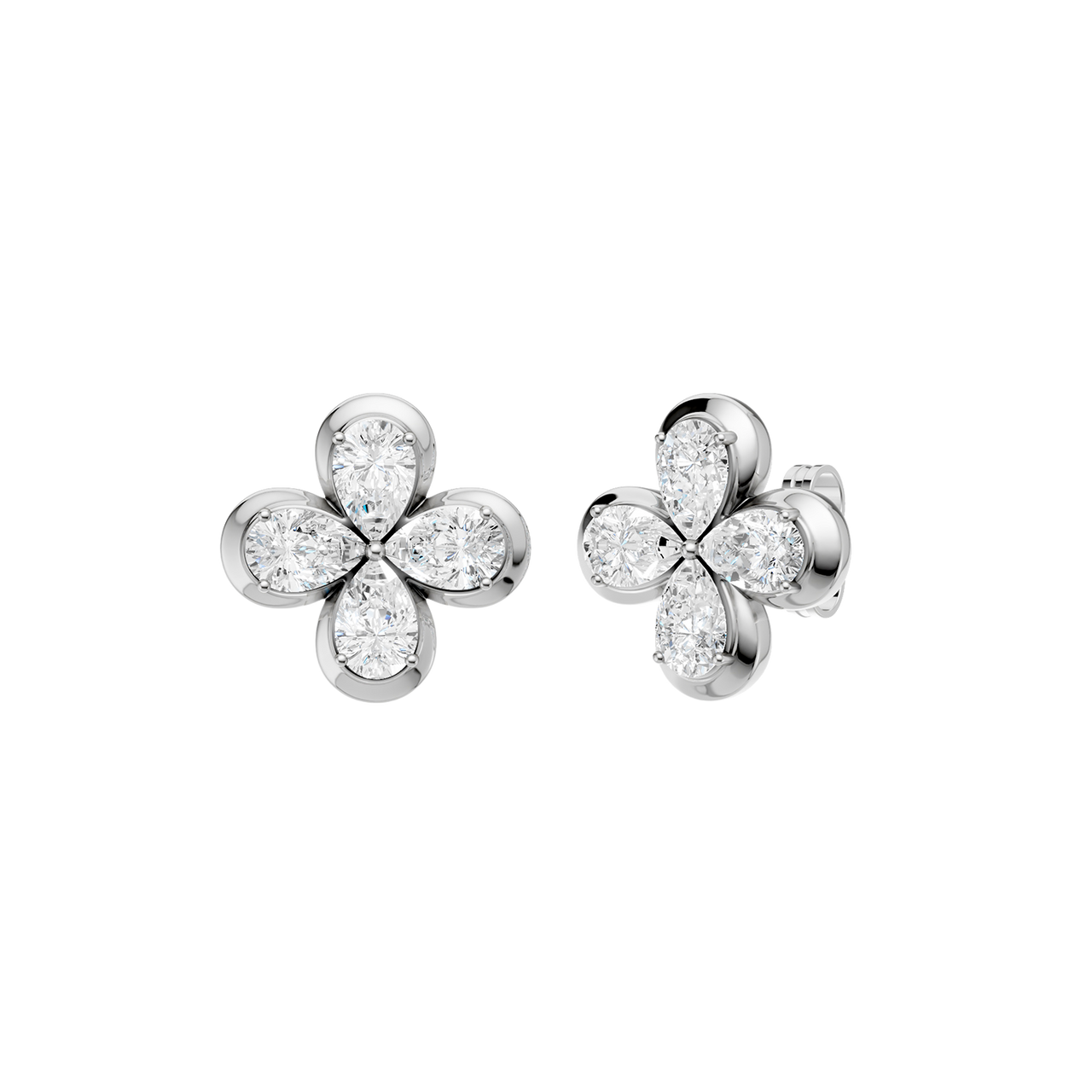 Angled view of white gold floral diamond stud earrings highlighting the dimensional flower motif, marquise-cut diamond sparkle, and polished metal finish.