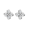 Front view of white gold floral diamond stud earrings featuring marquise-cut white diamonds arranged in a four-petal flower design with a classic prong-set center.