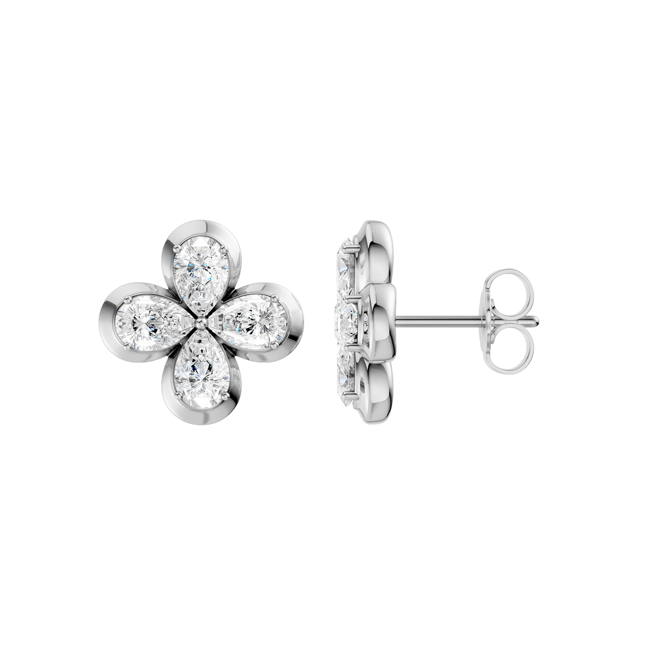 Side profile of white gold floral diamond stud earrings showcasing the raised prong setting, secure post, and prong-back construction, and refined craftsmanship.