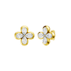 Angled view of yellow gold floral diamond stud earrings highlighting warm gold tones, dimensional flower detailing, and diamond sparkle.