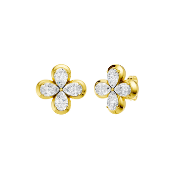 Angled view of yellow gold floral diamond stud earrings highlighting warm gold tones, dimensional flower detailing, and diamond sparkle.