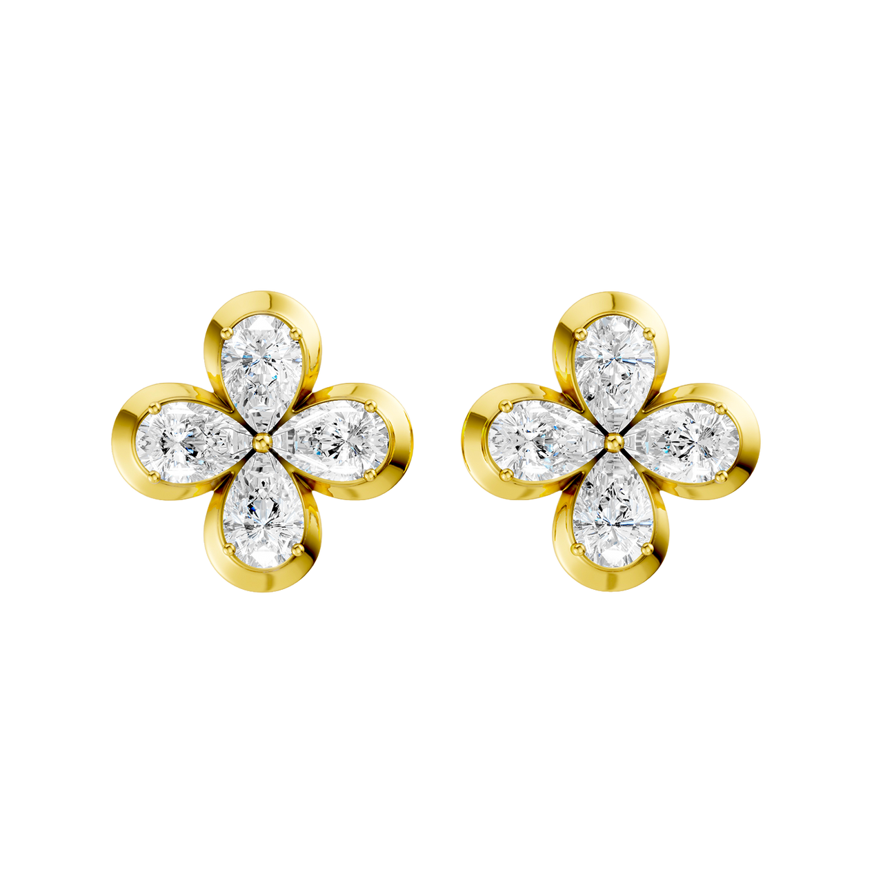 Front view of yellow gold floral diamond stud earrings featuring marquise-cut white diamonds arranged in a four-petal flower design with a classic prong-set center.
