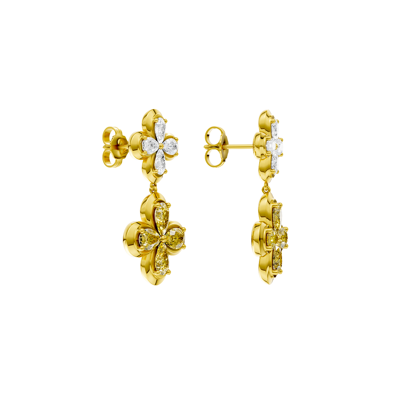 A pair of gold drop earrings from the Signature Collection, showing the white and yellow diamond flower design from a three-quarter angle.