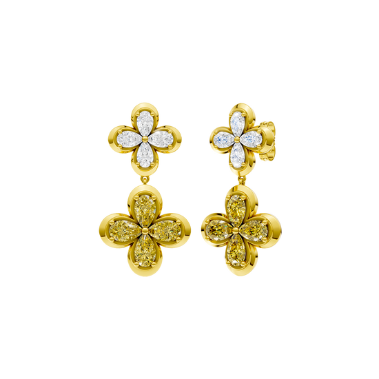 Front and side view of gold drop earrings featuring a white diamond flower top and a  yellow diamond flower drop.