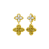 Front and side view of gold drop earrings featuring a white diamond flower top and a  yellow diamond flower drop.
