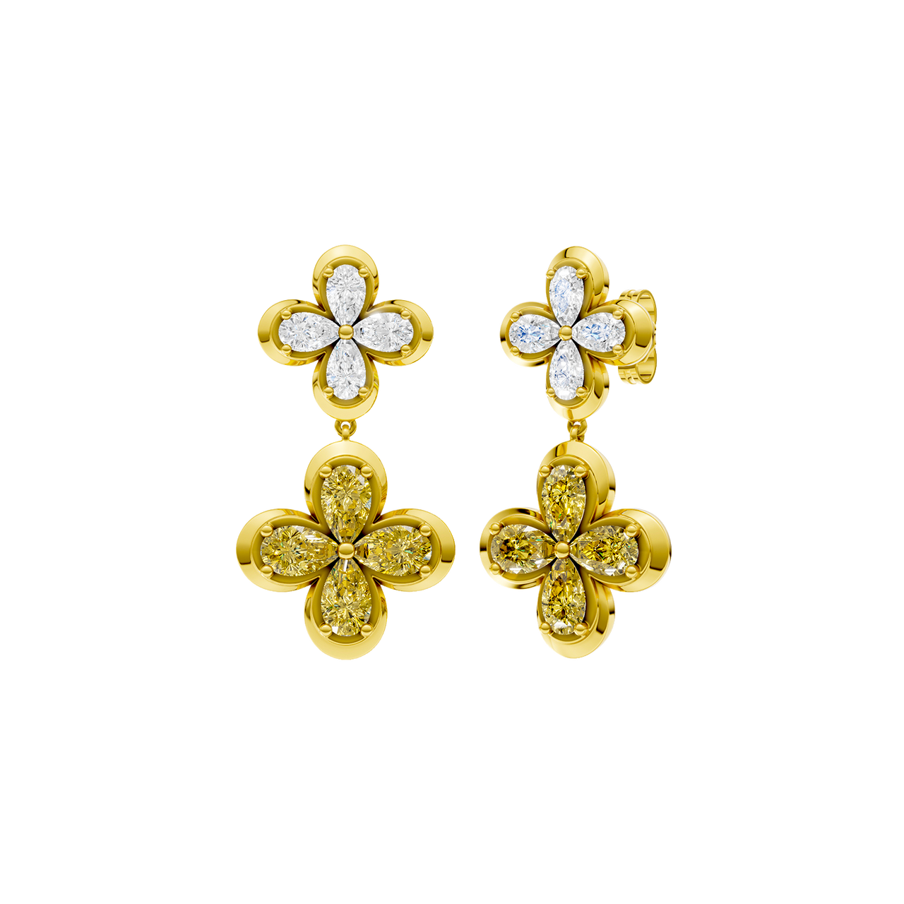 Front and side view of gold drop earrings featuring a white diamond flower top and a  yellow diamond flower drop.