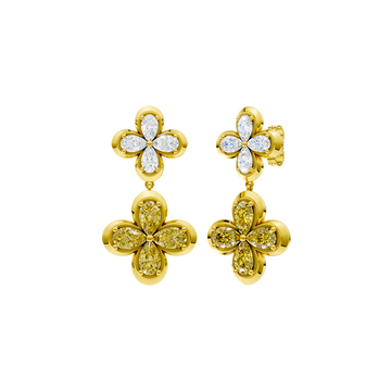 Front and side view of gold drop earrings featuring a white diamond flower top and a  yellow diamond flower drop.