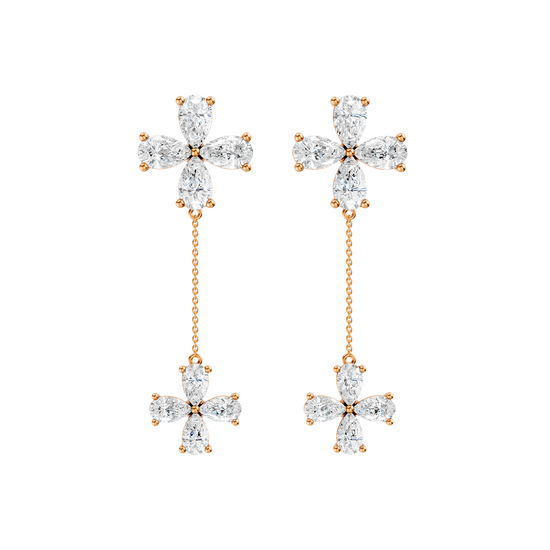 Front view of rose gold floral drop diamond earrings featuring marquise-cut white diamonds arranged in flower designs with a delicate gold chain drop.