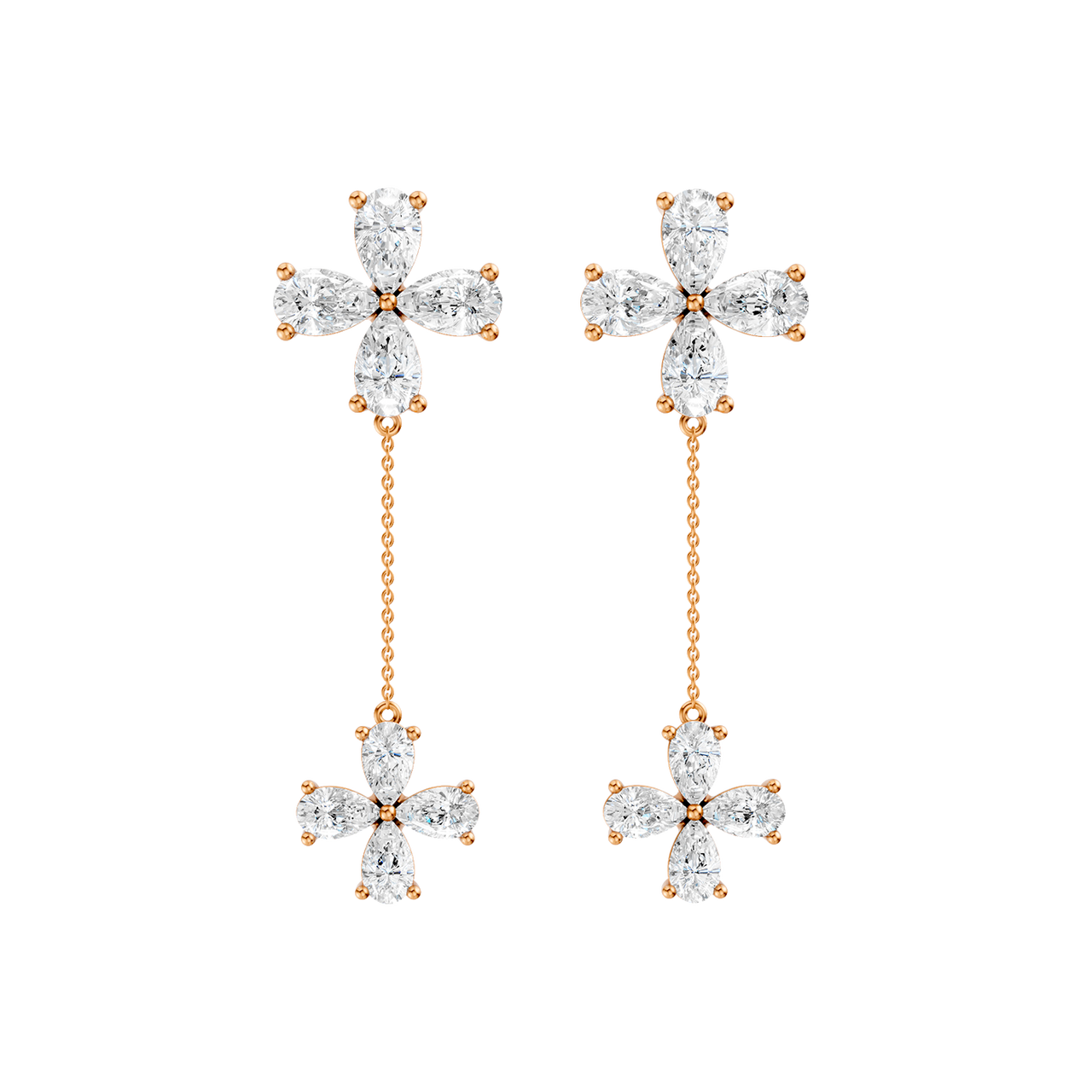 Front view of rose gold floral drop diamond earrings featuring marquise-cut white diamonds arranged in flower designs with a delicate gold chain drop.