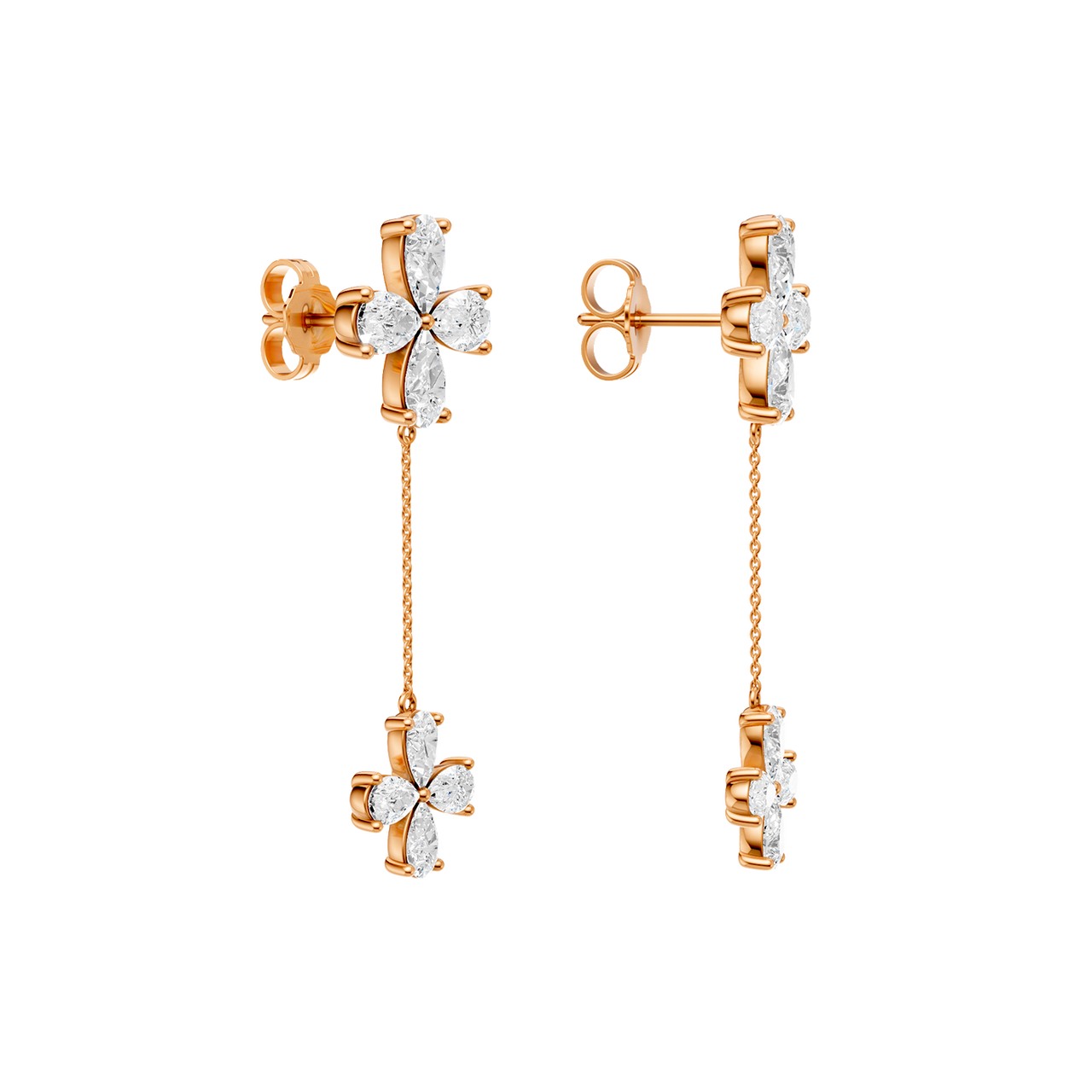 Back view of rose gold floral diamond drop earrings displaying polished gold backs, chain movement, and clean construction.