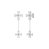 Angled view of white gold floral diamond drop earrings highlighting the dimensional flower design, articulated movement, and diamond brilliance.