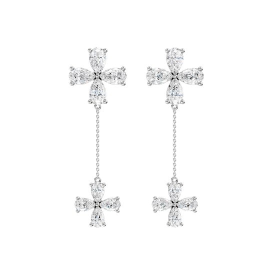 Front view of white gold floral drop diamond earrings featuring marquise-cut white diamonds arranged in flower motifs connected by a delicate chain drop.