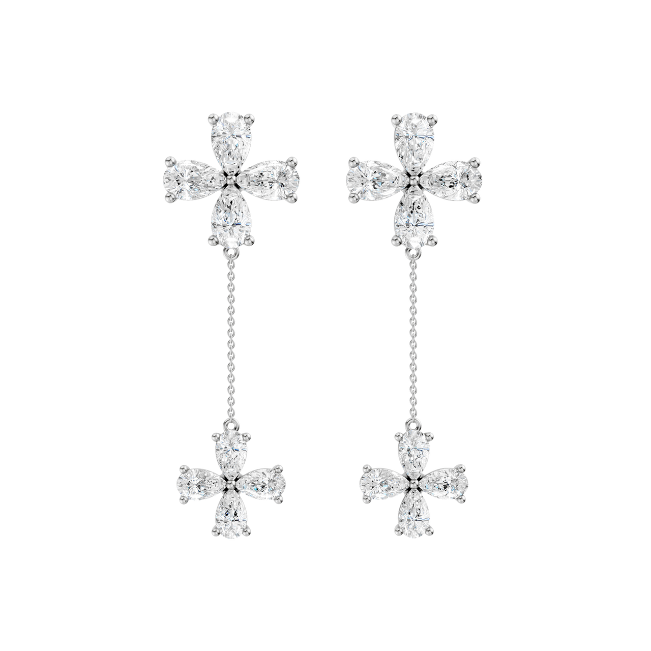 Front view of white gold floral drop diamond earrings featuring marquise-cut white diamonds arranged in flower motifs connected by a delicate chain drop.