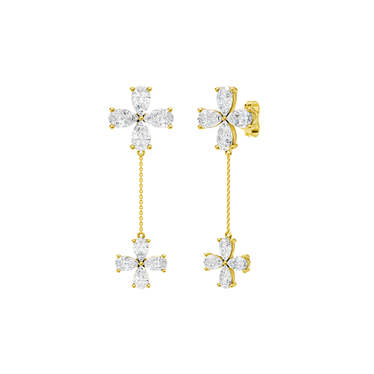 Angled view of yellow gold floral diamond drop earrings highlighting warm gold tones, dimensional flower detailing, and diamond sparkle.