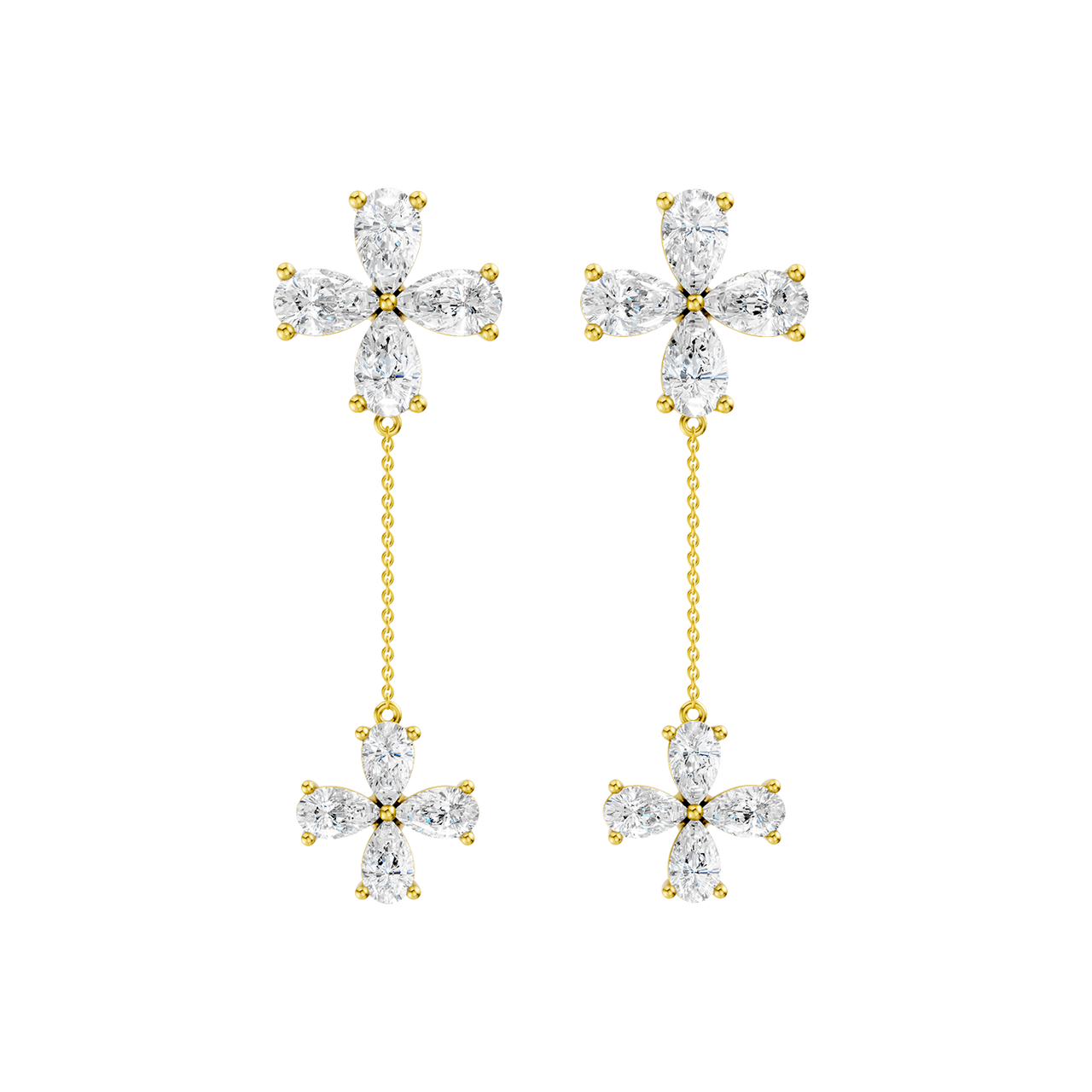 Front view of yellow gold floral drop diamond earrings featuring marquise-cut white diamonds arranged in flower designs with a delicate gold chain drop.