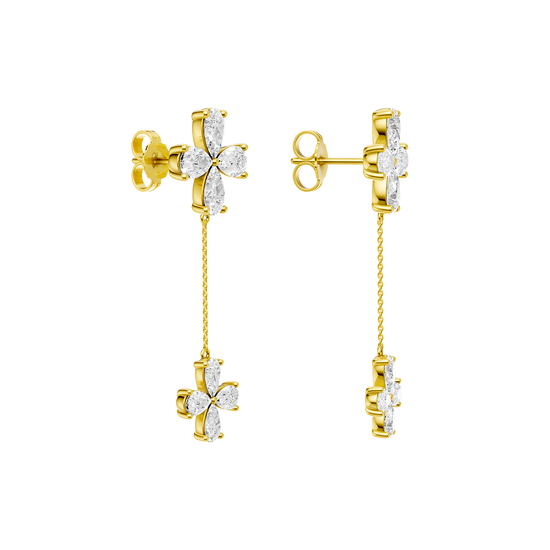 Back view of yellow gold floral diamond drop earrings displaying polished gold backs, chain movement, and clean construction.
