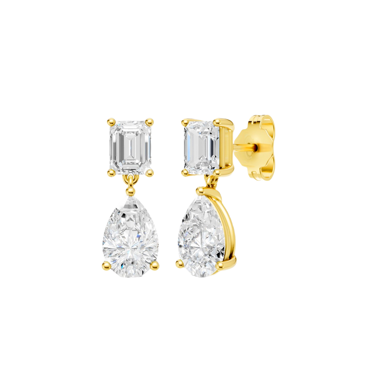 High-polish 14k yellow gold drop earrings by Amorati featuring a mismatched emerald-cut and pear-cut lab-grown diamond for a modern look.