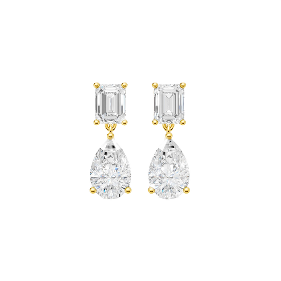 High-polish 14k yellow gold drop earrings by Amorati featuring a mismatched emerald-cut and pear-cut lab-grown diamond for a modern look.