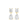 High-polish 14k yellow gold drop earrings by Amorati featuring a mismatched emerald-cut and pear-cut lab-grown diamond for a modern look.