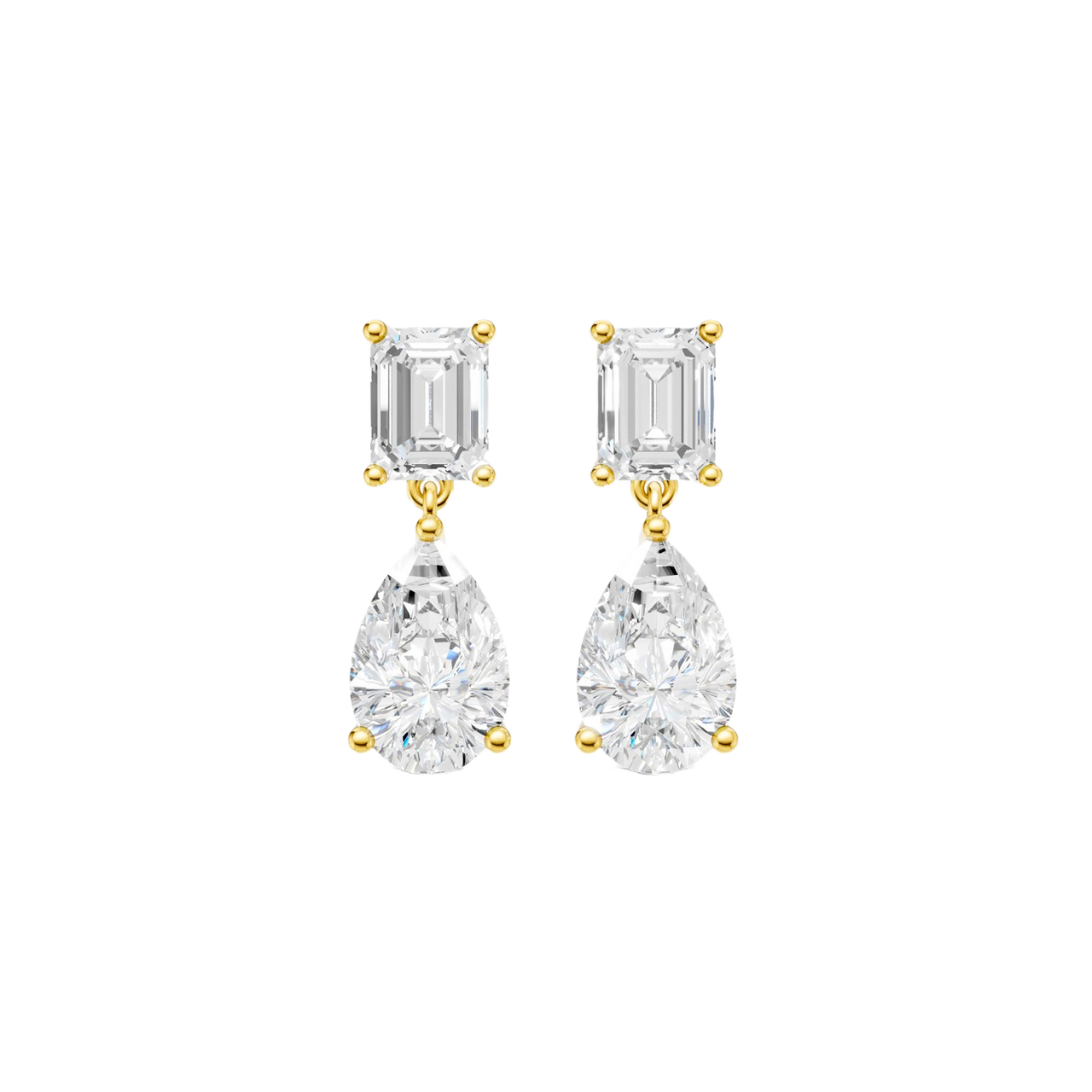 High-polish 14k yellow gold drop earrings by Amorati featuring a mismatched emerald-cut and pear-cut lab-grown diamond for a modern look.