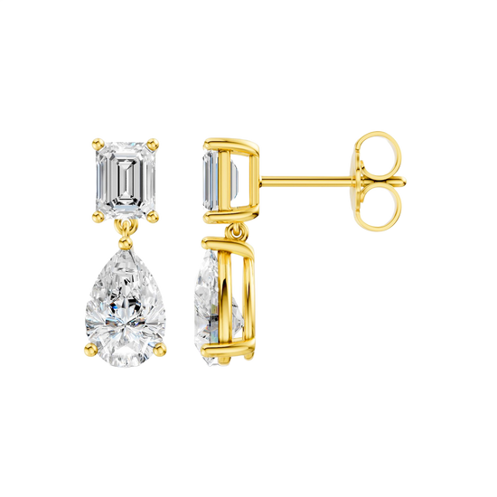 High-polish 14k yellow gold drop earrings by Amorati featuring a mismatched emerald-cut and pear-cut lab-grown diamond for a modern look.