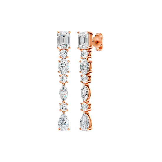 High-polish 14k rose gold drop earrings by Amorati featuring a vertical dangle of emerald, marquise, oval, pear, and round-cut lab-grown diamonds.