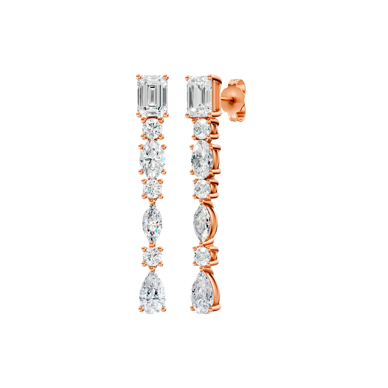 High-polish 14k rose gold drop earrings by Amorati featuring a vertical dangle of emerald, marquise, oval, pear, and round-cut lab-grown diamonds.