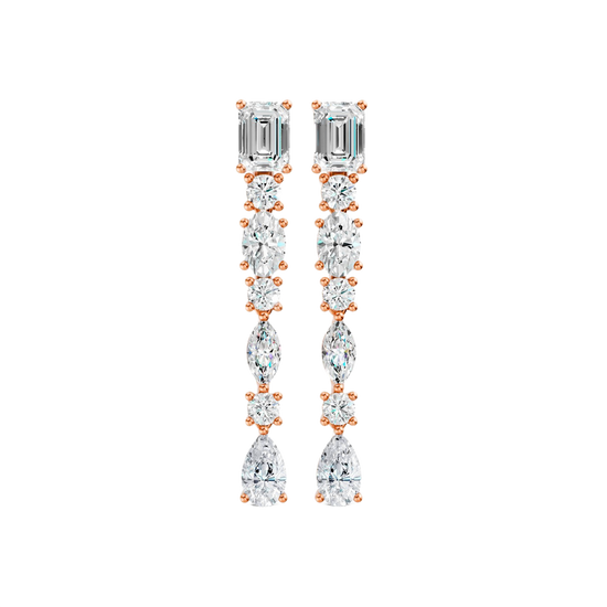 High-polish 14k rose gold drop earrings by Amorati featuring a vertical dangle of emerald, marquise, oval, pear, and round-cut lab-grown diamonds.