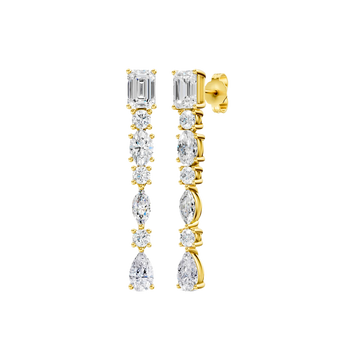 High-polish 14k yellow gold drop earrings by Amorati featuring a vertical dangle of emerald, marquise, oval, pear, and round-cut lab-grown diamonds.