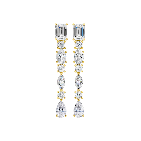 High-polish 14k yellow gold drop earrings by Amorati featuring a vertical dangle of emerald, marquise, oval, pear, and round-cut lab-grown diamonds.