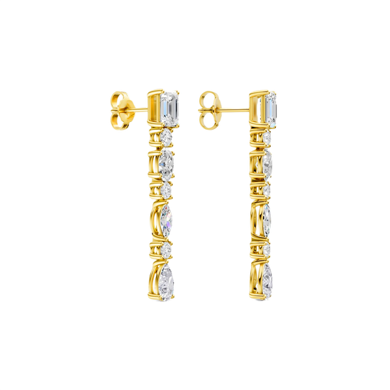 High-polish 14k yellow gold drop earrings by Amorati featuring a vertical dangle of emerald, marquise, oval, pear, and round-cut lab-grown diamonds.