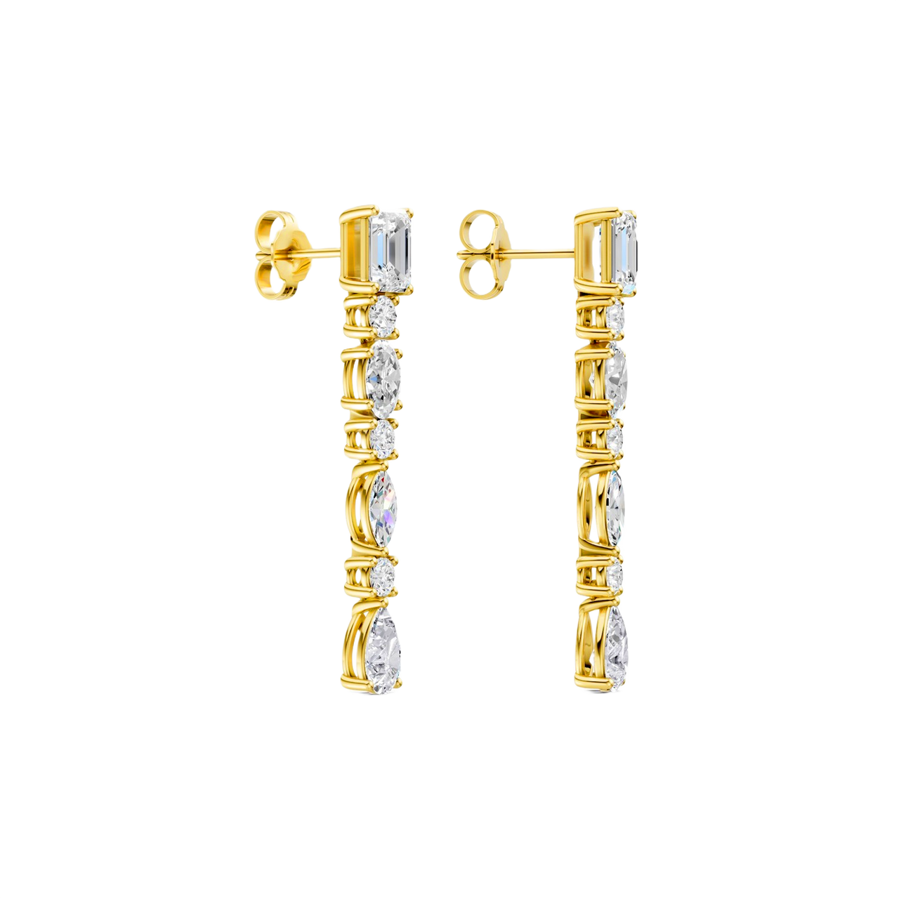 High-polish 14k yellow gold drop earrings by Amorati featuring a vertical dangle of emerald, marquise, oval, pear, and round-cut lab-grown diamonds.