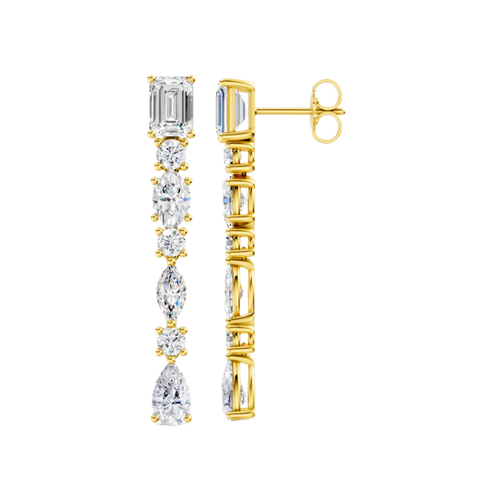High-polish 14k yellow gold drop earrings by Amorati featuring a vertical dangle of emerald, marquise, oval, pear, and round-cut lab-grown diamonds.