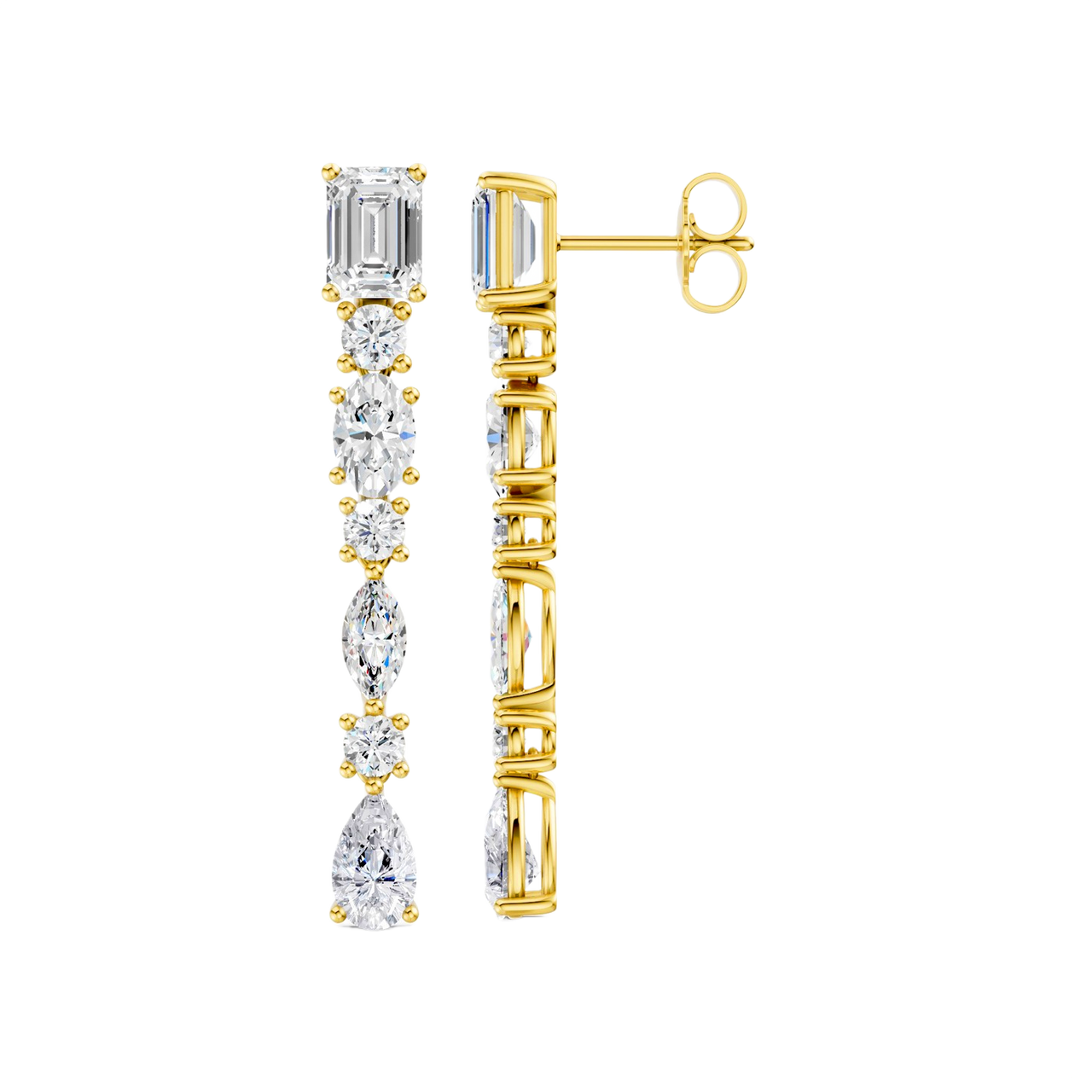 High-polish 14k yellow gold drop earrings by Amorati featuring a vertical dangle of emerald, marquise, oval, pear, and round-cut lab-grown diamonds.