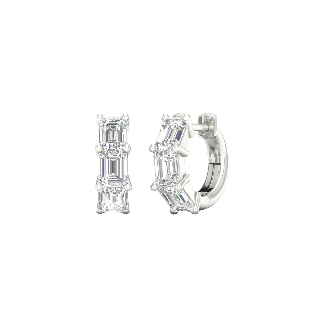 An angled view of a pair of 14K white gold huggie hoops, showcasing the linear design of the diamonds.
