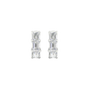 A close-up view of a 14K white gold huggie hoop earring with three vertically stacked rectangular diamonds.